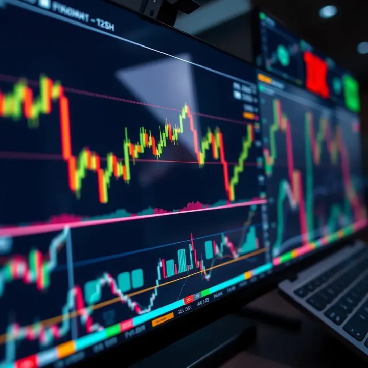 Digital interface showing various financial charts and online trading platform